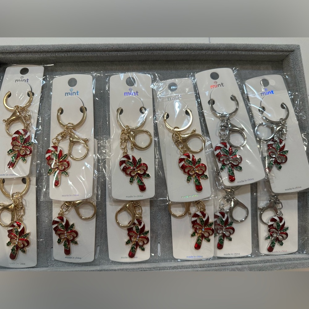 12 Items - 8 Gold-toned and 4 Silver-toned Candy Cane Key Chains/Bag Charms NIP